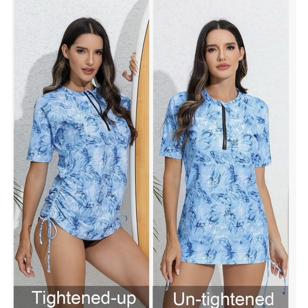 Halcurt Swim Shirt Women XL Blue Rash Guard UPF 50+ Zip Short Sleeve Drawstrings